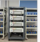 Battery test racks in the AmpXell laboratory