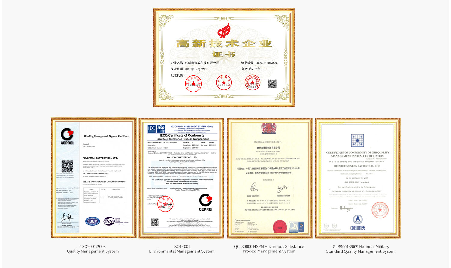 AmpXell factory quality management system certificates — ISO9001, ISO14001, QC080000 HSPM and GJB9001:2009
