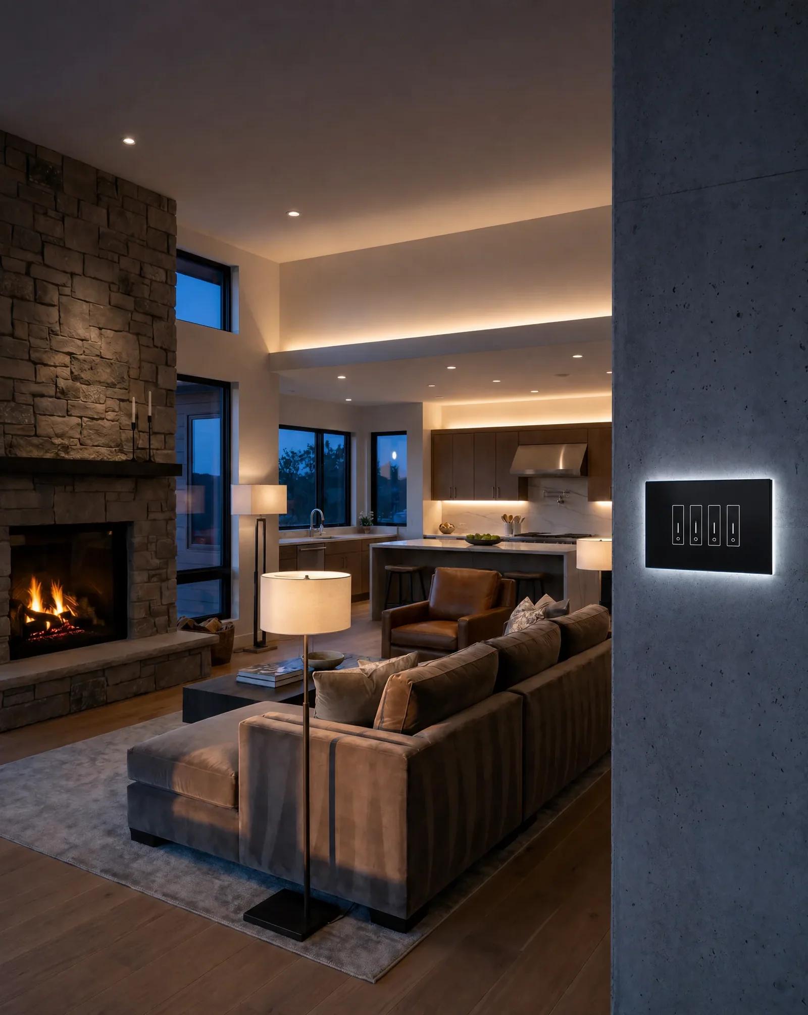 Smart home living room at dusk with a backlit smart switch panel