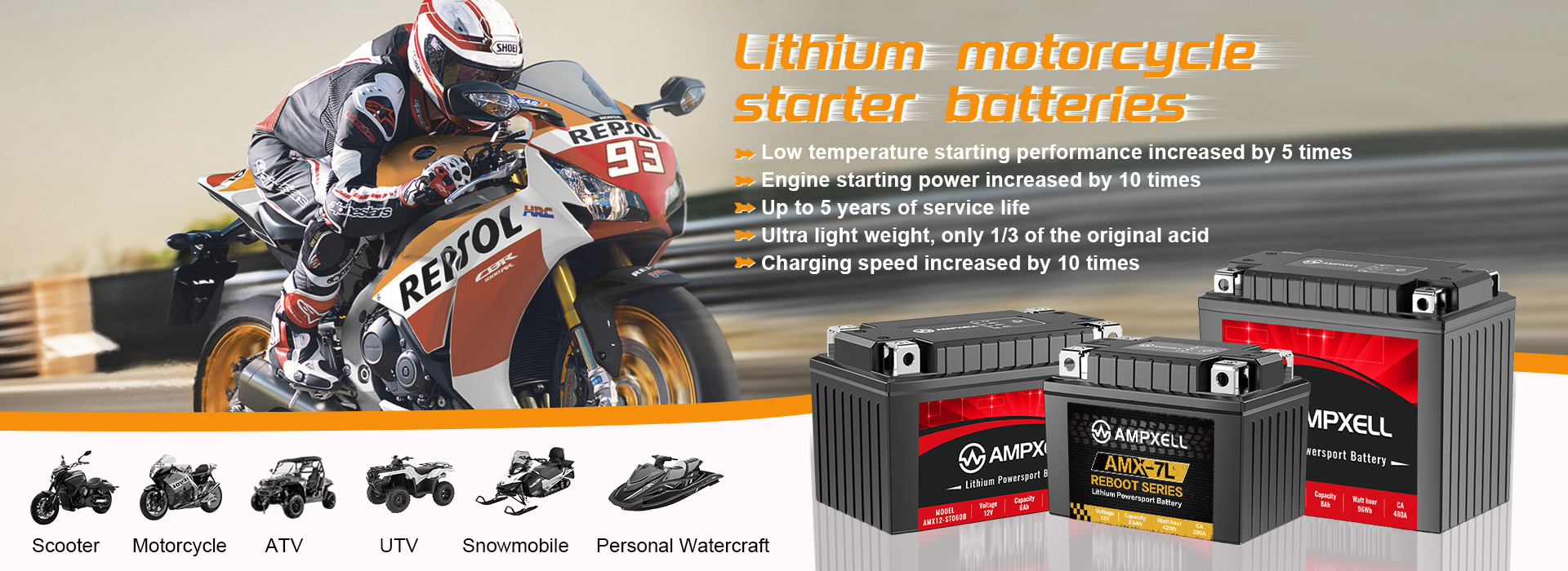 AmpXell lithium starter batteries for motorcycles and automobiles
